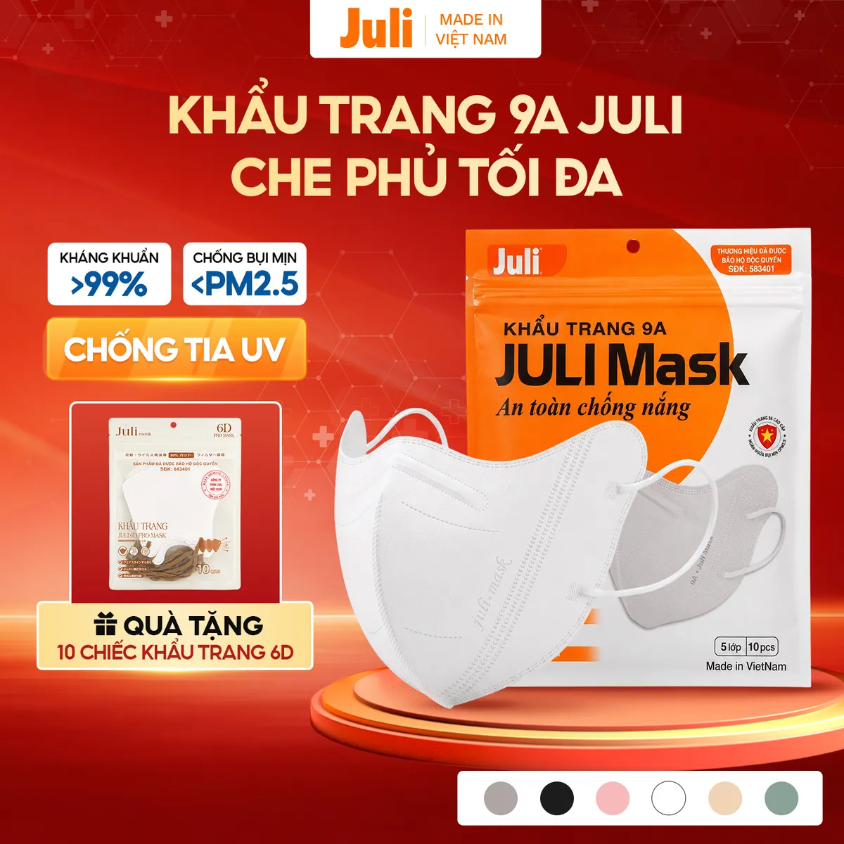 Khẩu Trang 9A JULI MASK, Khẩu Trang Chống Nắng Tia UV Che Kín Mặt, Khẩu Trang Chống Bụi Mịn 5 Lớp Kháng Khuẩn