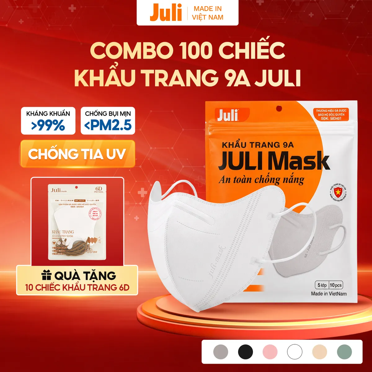 [100 chiếc] Khẩu Trang 9A JULI MASK, Khẩu Trang Chống Nắng Tia UV Che Kín Mặt, Chống Bụi Mịn Với 5 Lớp Kháng Khuẩn