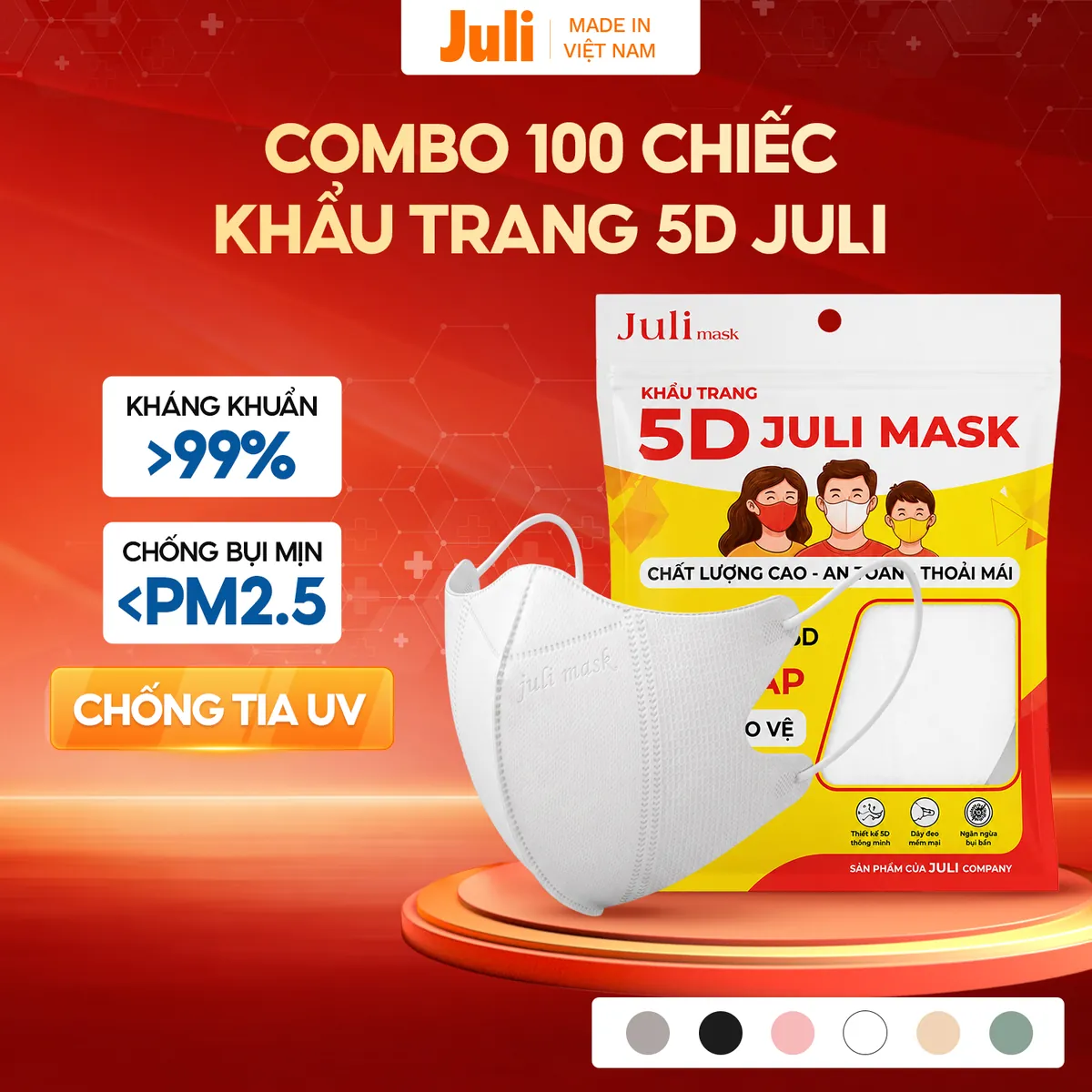 [100 Chiếc] Khẩu Trang 5D JULI MASK, Khẩu Trang Chống Nắng Tia UV Bụi Mịn, Khẩu Trang 3 Lớp Kháng Khuẩn Quai Mềm