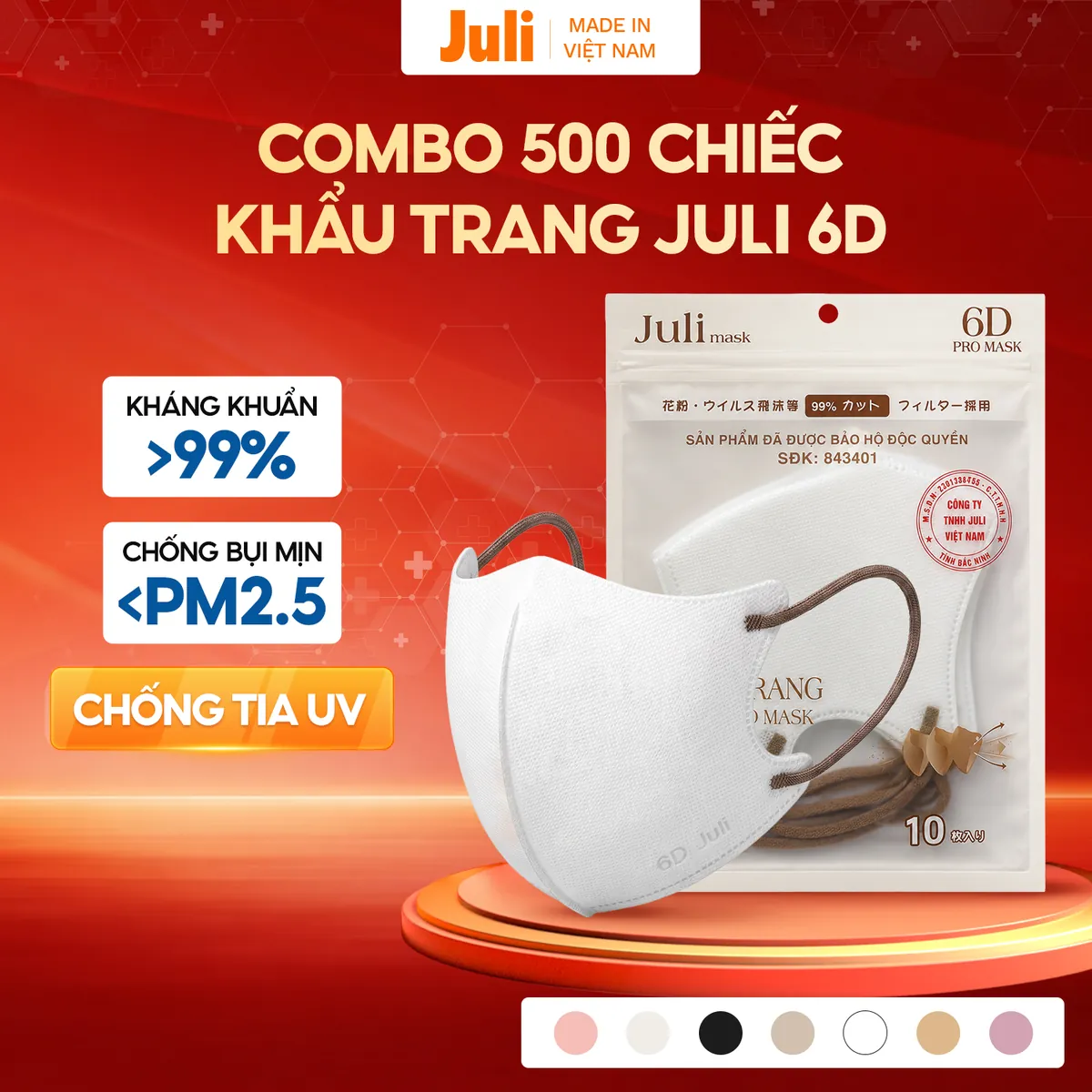 Thùng 500 Chiếc Khẩu Trang 6D JULI MASK, Khẩu Trang 3 Lớp Kháng Khuẩn Chống Bụi Mịn, Khẩu Trang Y Tế Chống Nắng Tia UV
