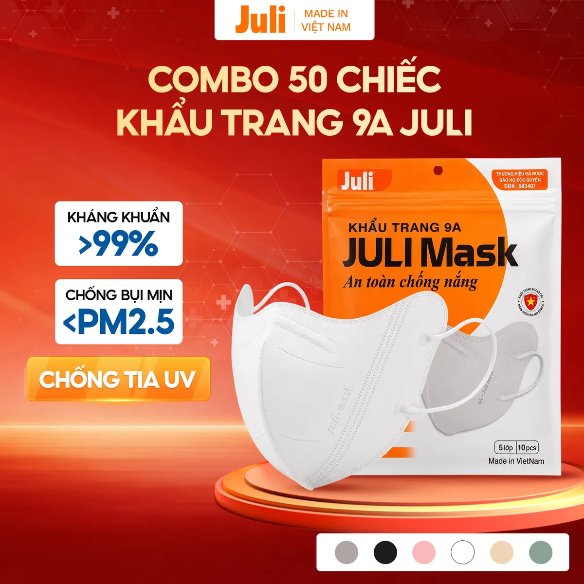 [50 chiếc] Khẩu Trang 9A JULI MASK, Khẩu Trang Chống Nắng Tia UV Che Kín Mặt, Chống Bụi Mịn Với 5 Lớp Kháng Khuẩn