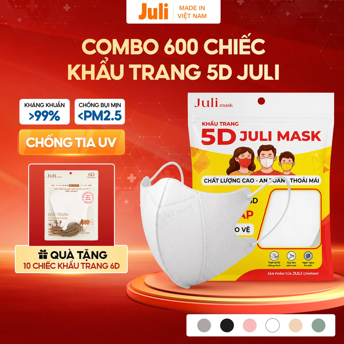 Thùng 600 Chiếc Khẩu Trang 5D JULI MASK, Khẩu Trang 3 Lớp Kháng Khuẩn Chống Bụi Mịn, Khẩu Trang Y Tế Chống Nắng Tia UV